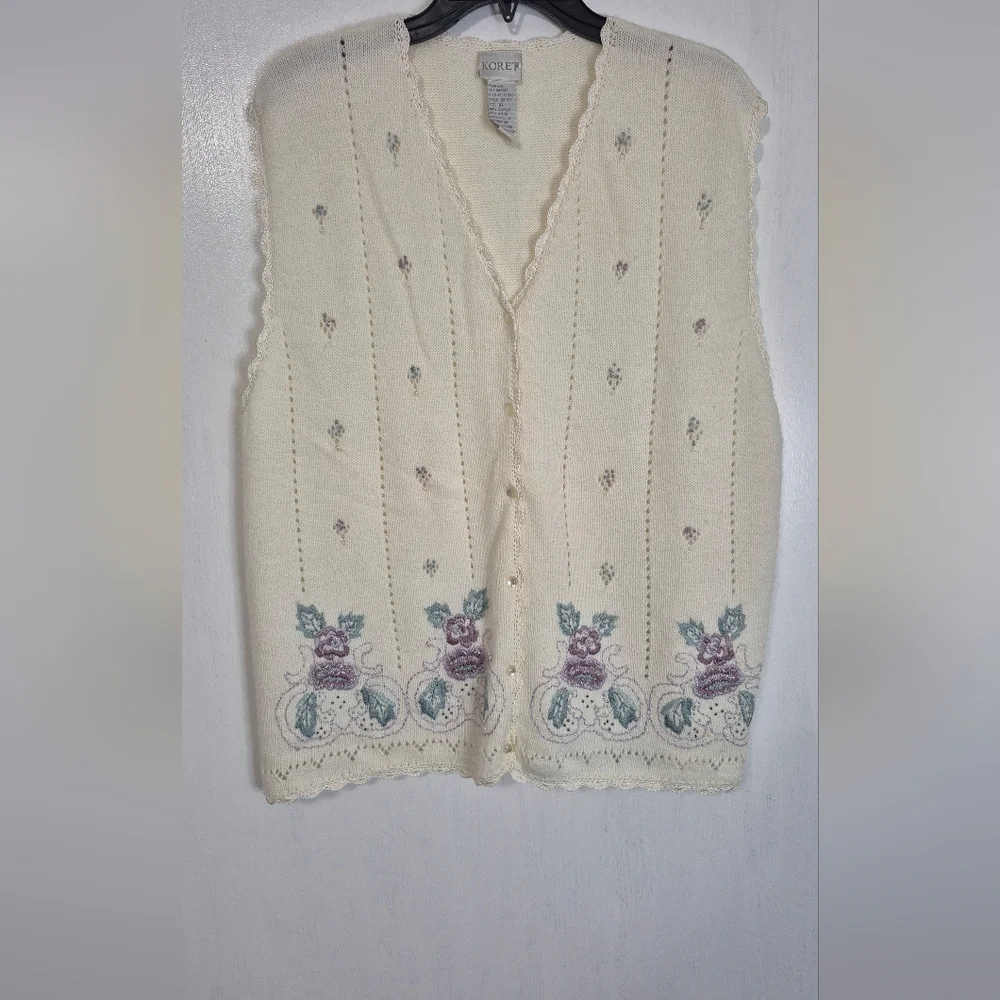Koret Cream Embroidered Floral Knit Sweater Vest Size XL - Picture 1 of 13